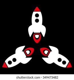 Rockets vector icon. Style is bicolor flat symbol, red and white colors, rounded angles, black background.