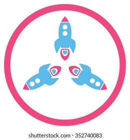 Rockets vector icon. Style is bicolor flat circled symbol, pink and blue colors, rounded angles, white background.