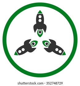 Rockets vector icon. Style is bicolor flat circled symbol, green and gray colors, rounded angles, white background.