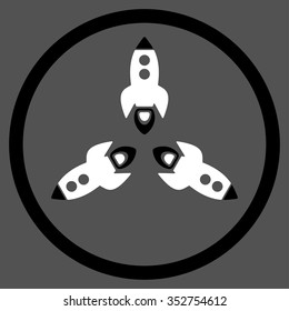 Rockets vector icon. Style is bicolor flat circled symbol, black and white colors, rounded angles, gray background.