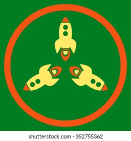 Rockets vector icon. Style is bicolor flat circled symbol, orange and yellow colors, rounded angles, green background.