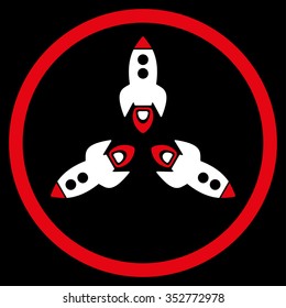 Rockets vector icon. Style is bicolor flat circled symbol, red and white colors, rounded angles, black background.