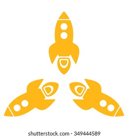 Rockets vector icon. Style is flat symbol, yellow color, rounded angles, white background.