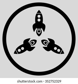 Rockets vector icon. Style is flat circled symbol, black color, rounded angles, light gray background.