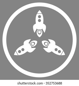 Rockets vector icon. Style is flat circled symbol, white color, rounded angles, gray background.