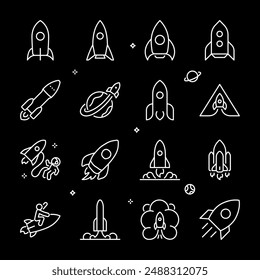 Rockets, white line icons. Various rocket shapes and spaceships. Perfect for space industry and exploration themes. Symbols on black background. Editable stroke.