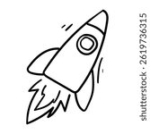 Rocketship blasts off into the beyond. Doodle Icon Illustration