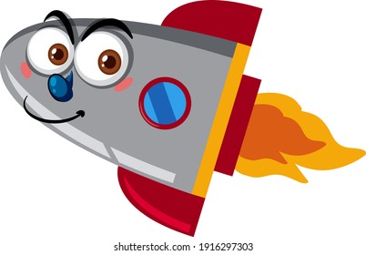 Rocketship cartoon with happy face on white background illustration