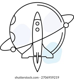 Foguetship explorando planeta com anéis e lua no espaço contorno vetor