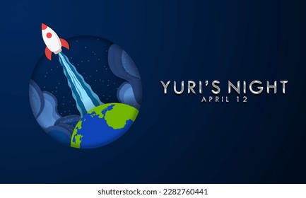 Rocketship flying up into space. Yuri's Night typographic design. Yuri's night banner design, celebrated on April 12. Vector Illustration. EPS 10.