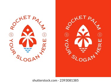 Rocketship Launch Palm Tree Beach Island Logo Icon Design Illustration