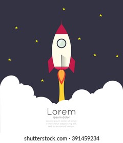 Rocketship on computer for startup media.