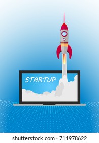 Rocketship on computer for startup project concept. Business flat design vector illustration