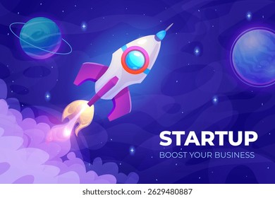 Rocketship start up. Cartoon rocket launch to space sky, business project startup concept background spaceship take off with smoke spacecraft booster, swanky vector illustration original artwork