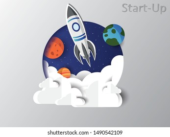 Rocketship for startup media. Paper cut art style, Space art for business poster, flyer or 
