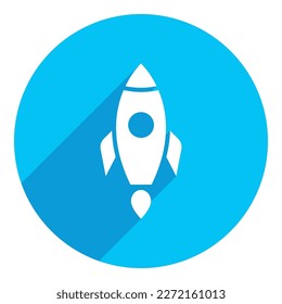 Rocketship symbol. flat icon. long shadow design. blue background.