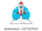Rocketship symbol vector - Flat design outline illustration of space rocket flying upwards with smoke and blue oval sky on white background