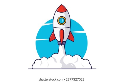 Rocketship symbol vector - Flat design outline illustration of space rocket flying upwards with smoke and blue oval sky on white background