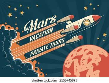 Rocketship takes off - retro poster. Rocket launches to Mars - vintage poster. Vector illustration.