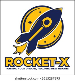 rocketX vector design with flat rocket in yellow and blue colors. suitable for logo, icon, poster, advertisement, banner, company, t-shirt design, sticker, website.