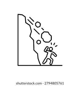 Rockfall accident, falling rocks from cliff near running person, black and white vector icon for landslide danger and outdoor hazard