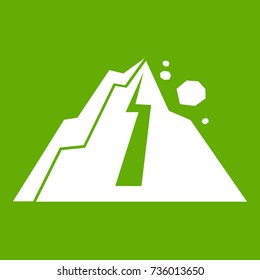 Rockfall icon white isolated on green background. Vector illustration