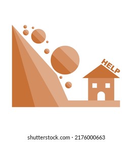 Rockfall mountain hill landslide natural disaster destroys city home warning sign brown icon flat vector design.