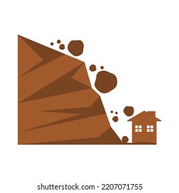 Rockfall mountain hill landslide natural disaster destroys city home warning sign brown icon flat vector design.