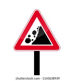 Rockfall triangular red traffic sign - rockslide icon