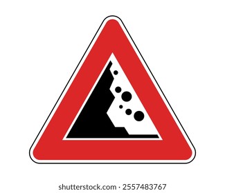 Rockfall Warning Road Sign Featuring a Triangular Shape with a Yellow Border and Black Silhouette of Falling Rocks, Indicating Potential Rockfalls and Landslides, Available as a Vector File