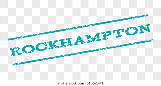Rockhampton watermark stamp. Text tag between parallel lines with grunge design style. Rubber seal stamp with unclean texture. Vector cyan color ink imprint on a chess transparent background.