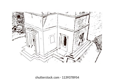 Rock-Hewn Churches of Lalibela, Ethiopia. Hand drawn sketch illustration in vector.