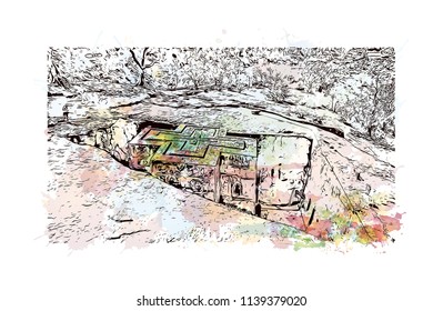 Rock-Hewn Churches of Lalibela, Ethiopia. Watercolor splash with Hand drawn sketch illustration in vector.