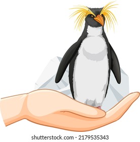 Rockhopper penguin standing on human hand illustration