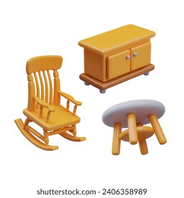Rocking chair, coffee table, chest of drawers. Set of furniture to create comfort at home. Realistic isolated objects. Templates for web design. Isolated illustration on white background