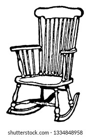 Rocking chair with curved wooden bands on each side connecting the legs, vintage line drawing or engraving illustration