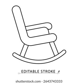 Ícone de cadeira de balanço em estilo de linha mínimo com traçado editável. Mobiliário clássico, assento de relaxamento, símbolo de conforto para acolhedor interior visuais, decoração de casa, design tradicional e conceito de zona de descanso.