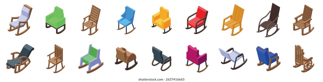  Rocking chair icons set. Collection of rocking chairs presenting diverse designs, colors, and materials, ideal for relaxation and leisure