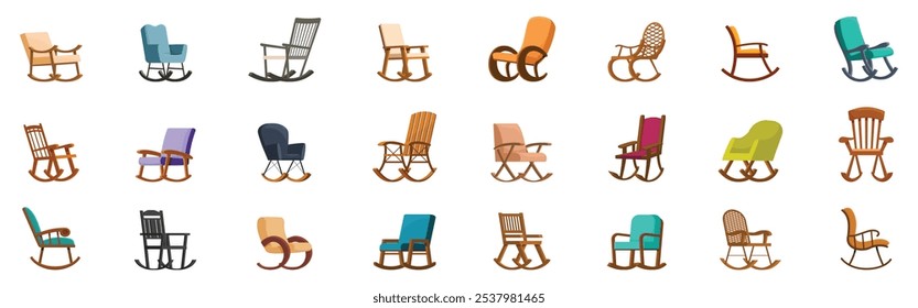 Rocking chair icons set. Comfortable rocking chairs in various designs, offering relaxation and style for any home