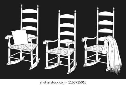 

Rocking Chair. Linear Collection Of Rocking Chairs With Various Accessories. Hand-drawn Vector Illustration. Isolated Design Elements. Clipart.