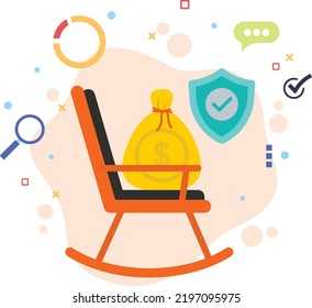 Rocking chair with money bag and protection shield vector color icon design, Retirement Program Concept, hrm symbol, hr sign, Pension stock illustration