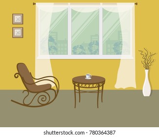 Rocking chair on a window background in yellow room. There is also a coffee table, a vase with decorative branches and pictures frames in the image. Vector illustration