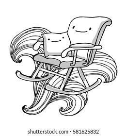 Rocking chair with a pillow are friends. Grayscale version