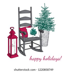 
Rocking chair with pillows, Christmas tree in a wicker basket  and hanging outdoor lantern  with a candle.
Vector vintage illustration of isolated objects. Color sketch.