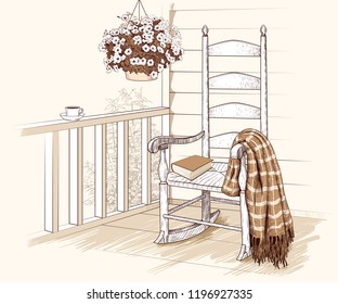 
 
   
Rocking chair with plaid and a book on the terrace with petunias in a hanging pot and a cup of coffee on the railing.  Hand-drawn vector illustration in vintage style.  Interior sketch. 
