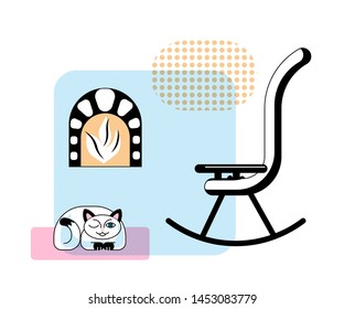 Rocking chair in room flat vector illustration. Cute cat sitting on floor. Cozy armchair and fireplace in house retro cartoon drawing. White domestic animal in empty apartment isolated clipart