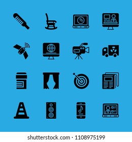 rocking chair, target, video camera, thermometer, television, newspaper, laptop, television and curtains vector icon. Simple icons set