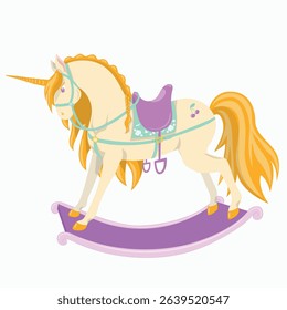 Rocking horse baby toy vector flat illustration, hand drawn summer motif unicorn. Soviet cartoon style, isolated background for children's holiday, toys, boocks, print
