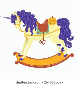 Rocking horse baby toy vector flat illustration, hand drawn fall motif unicorn. Soviet cartoon style, isolated on white background for children's holiday halloween, toys, boocks, print