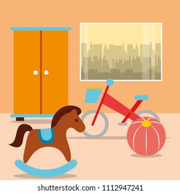 rocking horse bike ball with closet in room